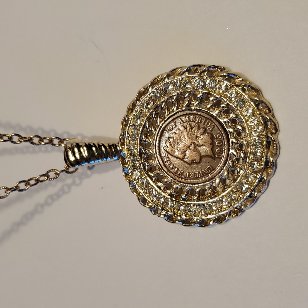 Vintage 1905 Indian Head Penny Necklace On Goldtone 24 Inches Chain